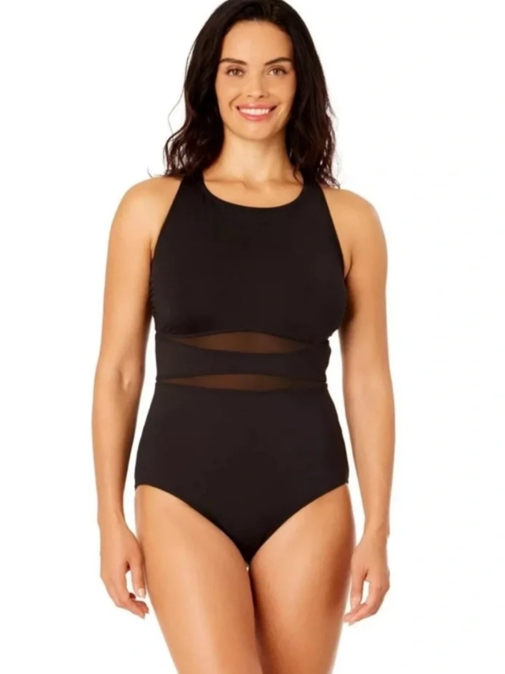Lands' End Black One-Piece Swimsuit High Neck with Mesh Accents Large